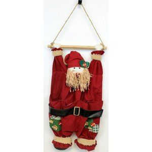 Christmas Santa Wall Hanging Patches Pockets Burgundy Belt Yarn Beard Wooden Rod